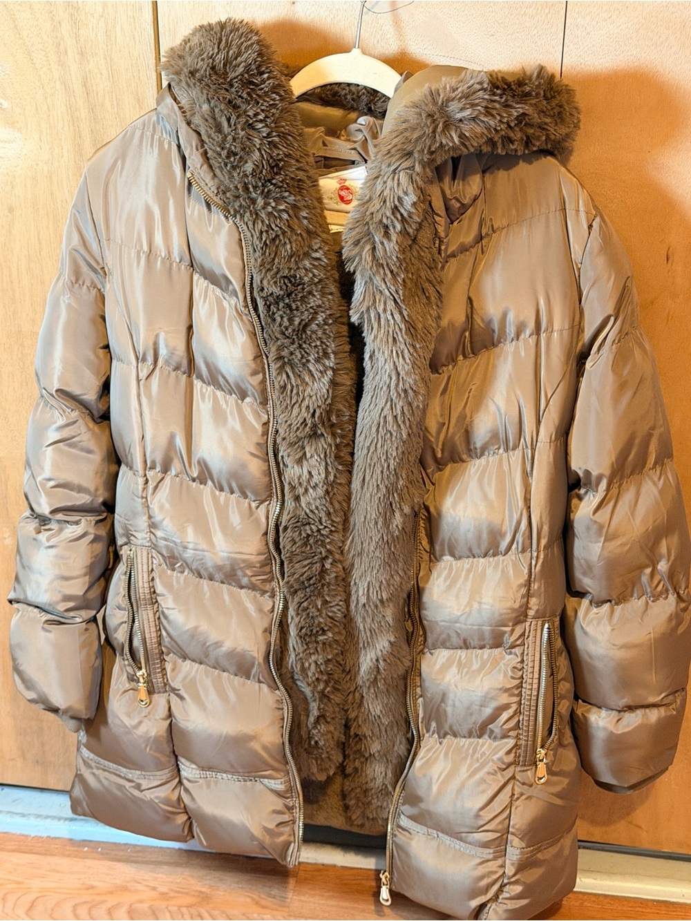 Womens Taupe Puffer Coat with Faux Fur Trim